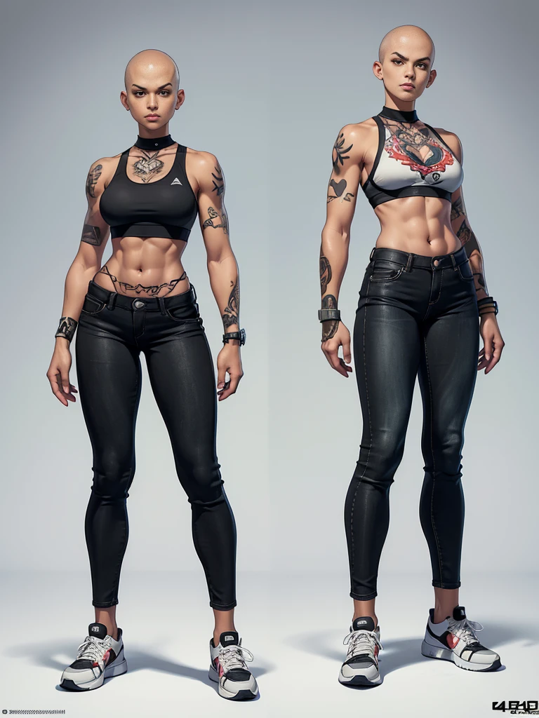 ((best quality)), ((4k)), ((highres)), ((masterpiece:1.2)). ((detailed)), ((ultra realistic)), ((intricate details)), ((full body picture)), ((character design sheet)), ((blank background)), ((standing in a blank background)), a full body shot of a bald female, bald woman, muscular woman, muscular arms, mucular legs, about 5'8 tall, about 25 years old, tattoos, dressed in a sports bra and black jeans pants, midriff, six pack abs, sneakers, character concept art, fighting game concept art, king of fighters character concept art, shaved head, head tattoos ((head tattoos))