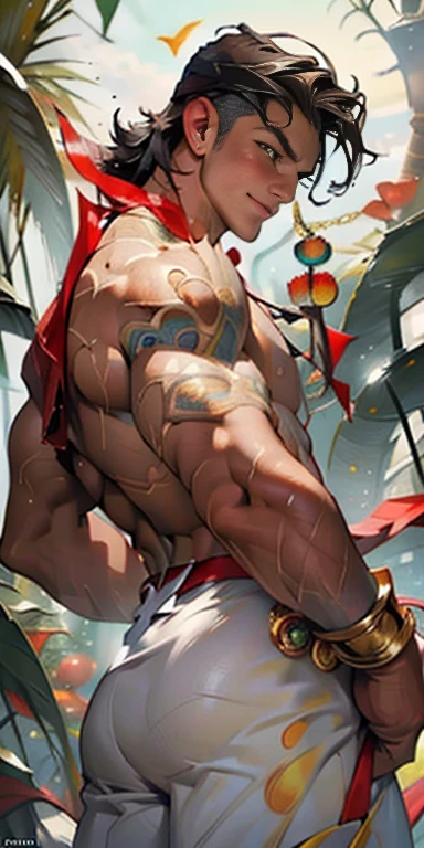 masterpiece, ((masterpiece)), Best quality, complex parts, perfect Whimsical, gentle, a little feminine face, detailed face, Highly detailed and fine figurine, ultra-realistic, detailed body, detailed pectoral muscles, ((Boy's focus)), detailed muscles, convex, (((A handsome boy, ))), athletic build, ((ideal body)), aesthetically beautiful, erotically tempting, seducing, offering himself With a beautiful sexy tango panti With round perfect buttocks, Rear view from bottom to top muscular, sweaty after a workout, In a Venetian mask with peacock and bird of paradise feathers, In White, red and gold colors, diamond chips all over the body , Watercolor, in the style of Caravaggio