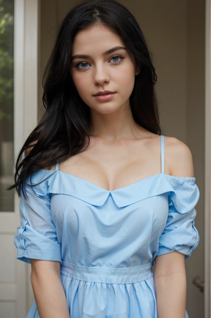 Beautiful white girl,Black hair,blue eyes,wearing a blue dress