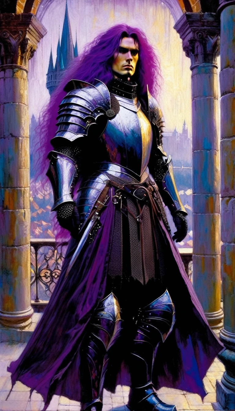 Gothic warrior with highly detailed large armor, long purple hair, on a castle terrace from which you can see the views of an impressive medieval city (art inspired by Bill Sienkiewicz). oil painting)