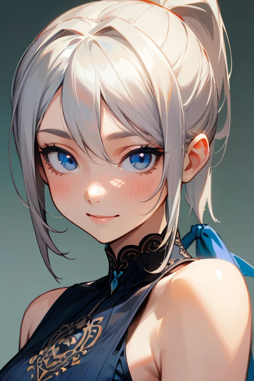 (masterpiece: 1.2, Highest quality), (Actual Photos, Intricate details), 1. woman, alone, Upper Body, casual, Shoulder-length hair, Minimal makeup, Natural materials, Face close-up, smile, Home, Gray Hair, blue eyes, Shoulder Bare、ponytail、Swimwear、