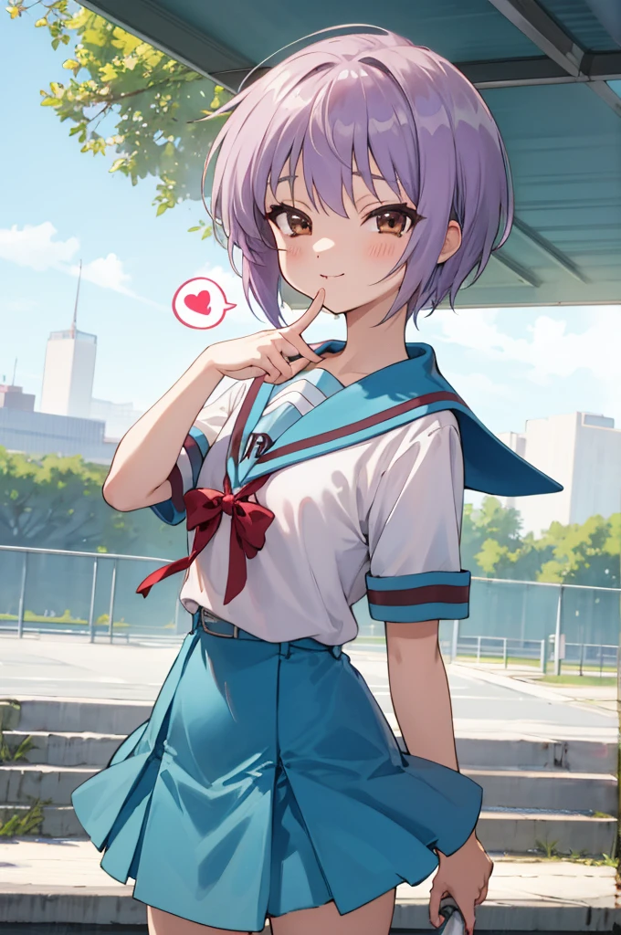 masterpiece, best quality, highres, ny1,,looking viewer,,spoken heart,6yo,(ite), , blue sailor collar, serafuku, skirt, blue skirt, short sleeves, white shirt, cowboy shot, standing, outdoors