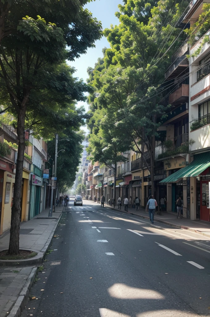 higher quality, urban corridor in city with forested vegetation next to the main street, with people walking and few cars nearby in the afternoon in a Mexican city
