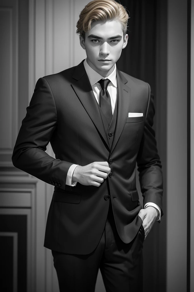 A chess player, black and white photo, Black Suit, high level of formality, brown blonde hair, slightly thick eyebrows, nose a little big, deep eyes