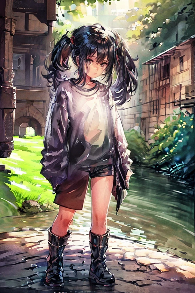 (best quality,4k,8k,highres,masterpiece:1.2),ultra-detailed,realistic:1.37,portrait,detailed eyes,detailed lips,elegant,alluring,seductive,Noble woman's clothing,post apocalyptic setting,dystopian scene,debris-filled background,hauntingly beautiful,soft lighting,vibrant colors,moody atmosphere full body portrait, epic perspective, dramatic lighting, aesthetically pleasing anime style, red sunset skies, knee high boots, slim and athletic body, urban casual tech wear