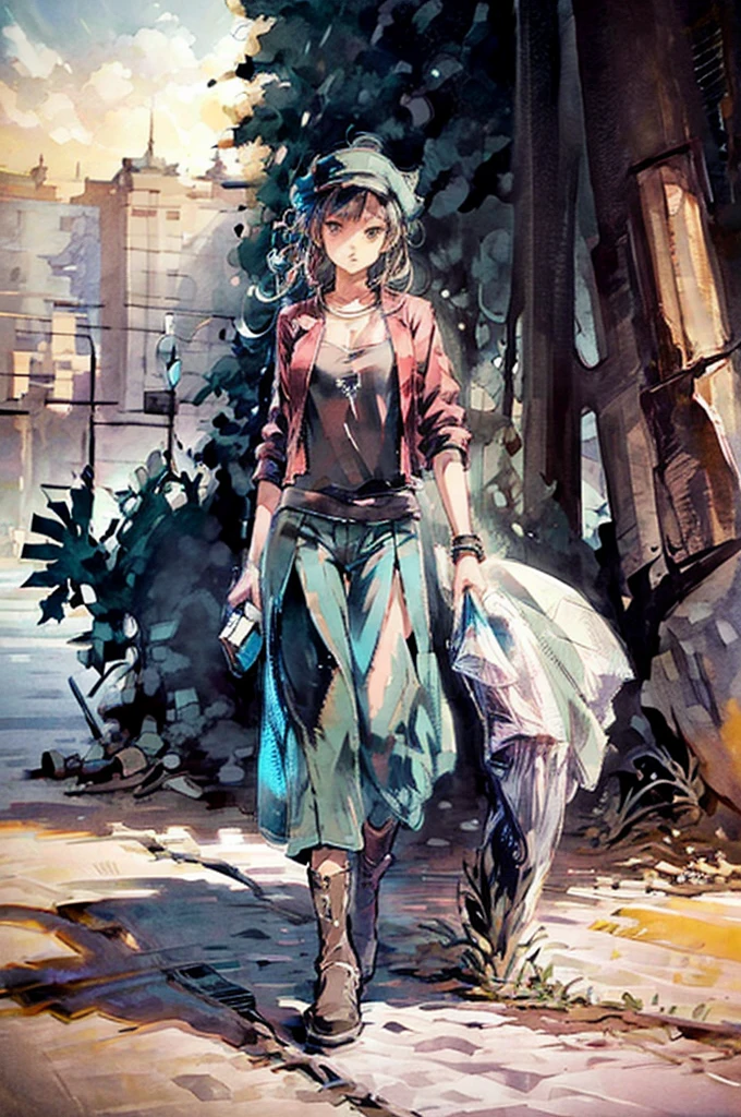 (best quality,4k,8k,highres,masterpiece:1.2),ultra-detailed,realistic:1.37,portrait,detailed eyes,detailed lips,elegant,alluring,seductive,Noble woman's clothing,post apocalyptic setting,dystopian scene,debris-filled background,hauntingly beautiful,soft lighting,vibrant colors,moody atmosphere full body portrait, epic perspective, dramatic lighting, aesthetically pleasing anime style, red sunset skies, knee high boots, slim and athletic body, urban casual tech wear