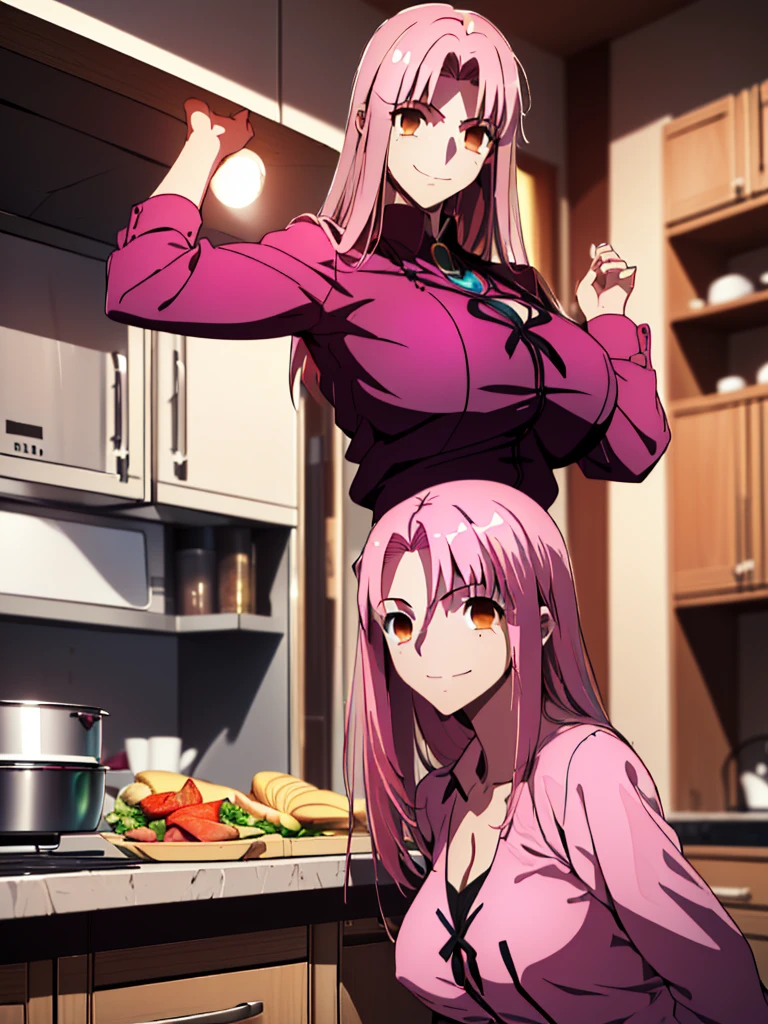 gran calidad ++ Extremely detailed high resolusionolution, very aesthetic, ojos expresivos, (((Cara perfecta))), (((face symmetrical))), ((good anatomy)), (((manos perfectas))), (((8k))), UHD, Fondo de pantalla HD, (((alta calidra detallada, (((((1girl)))))), solamente, Obra maestra, La mejor calidad, high resolusion, Altamente detallado, (illustration), hermosos ojos detallados, ((((full body))), ((((shirou emiya)))), (((fusion))), (((agglutination))), Combination, (((hembra madura))), (((Girl with characteristics of Shirou Emiya and irisviel von einzbern))), (((hombros estrechos))), (((cintura estrecha))), (((Pink hair:1.5))), Cabello largo, ((((spiked hair)))), ((((brown eyes1.5))), (((red shirt))), (((dress shirt))), (((((smile))))), (((enorme))), (((luxury house))), (((mansion))), (((kitchen))), (((preparing food))), (((gigantic breasts))), (((mature female))), Obra maestra, mejor calidad, ((Obra maestra)), ((mejor calidra descarrilado)), Parte superior del cuerpo, (((agglutination))), Pose con las manos en las caderaira la cara de la persona))), (((mirada cara a cara))),