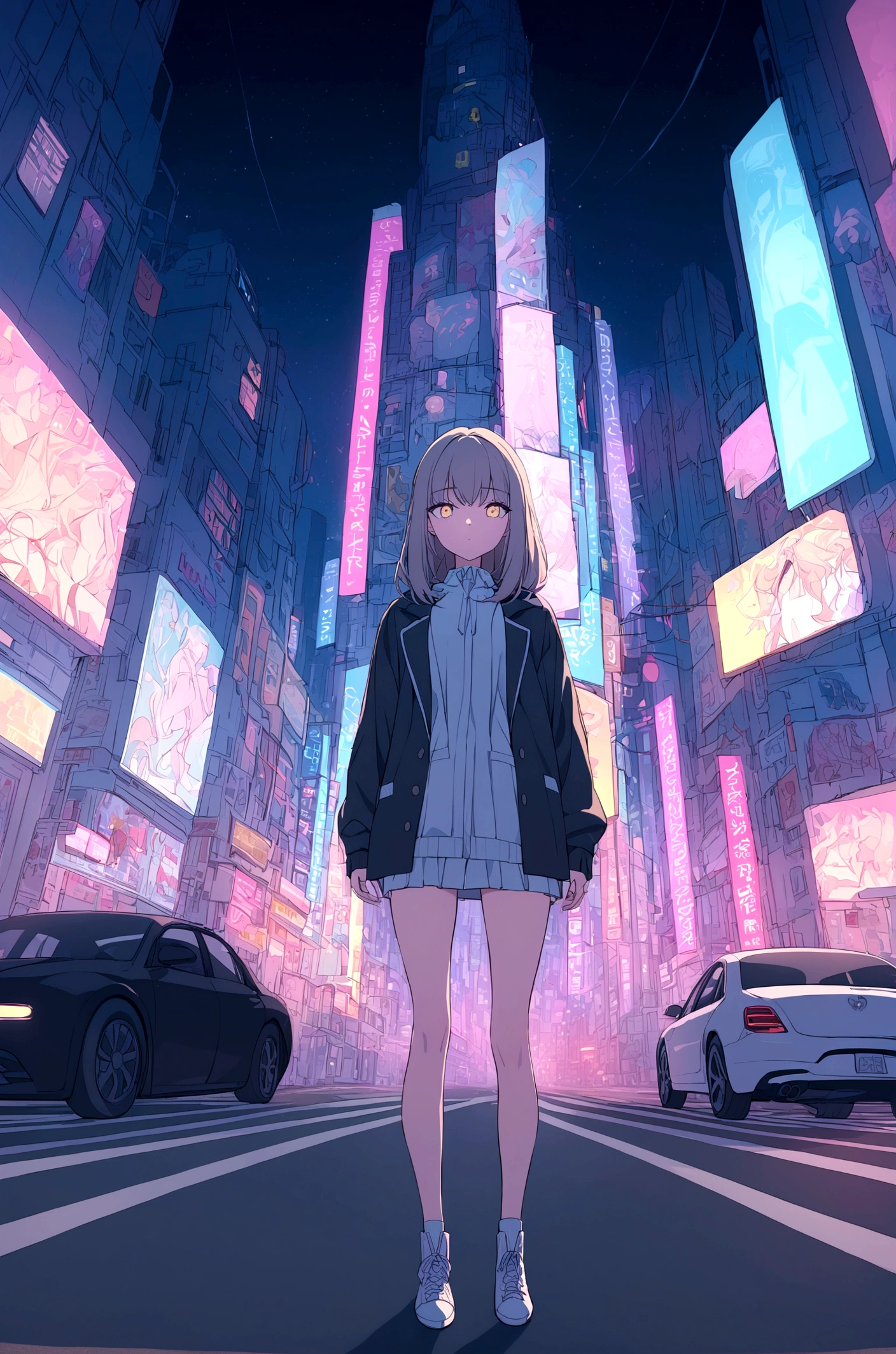 Slim girl standing at the middle of road, neon city, at night