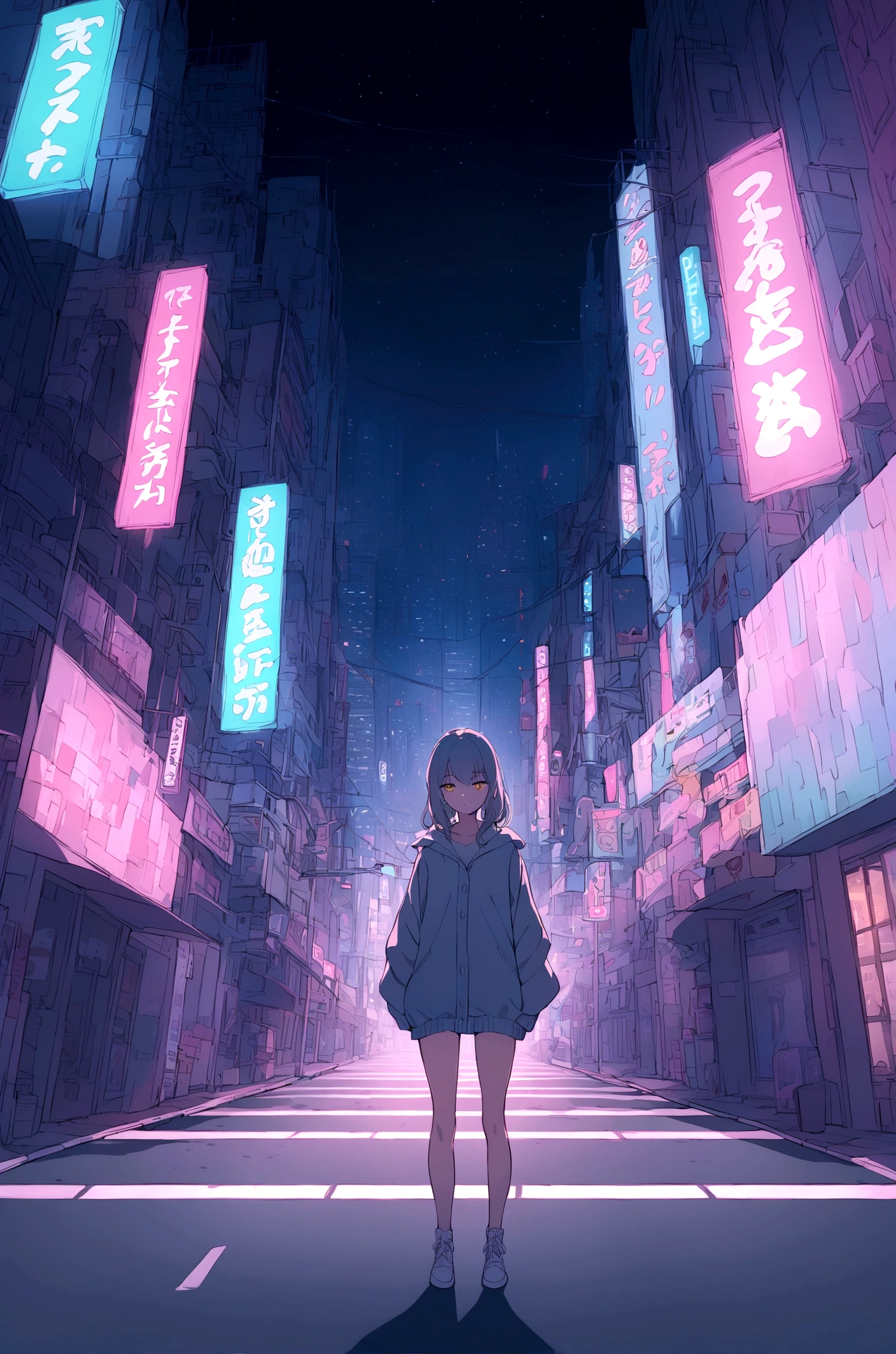 Slim girl standing at the middle of road, neon city, at night