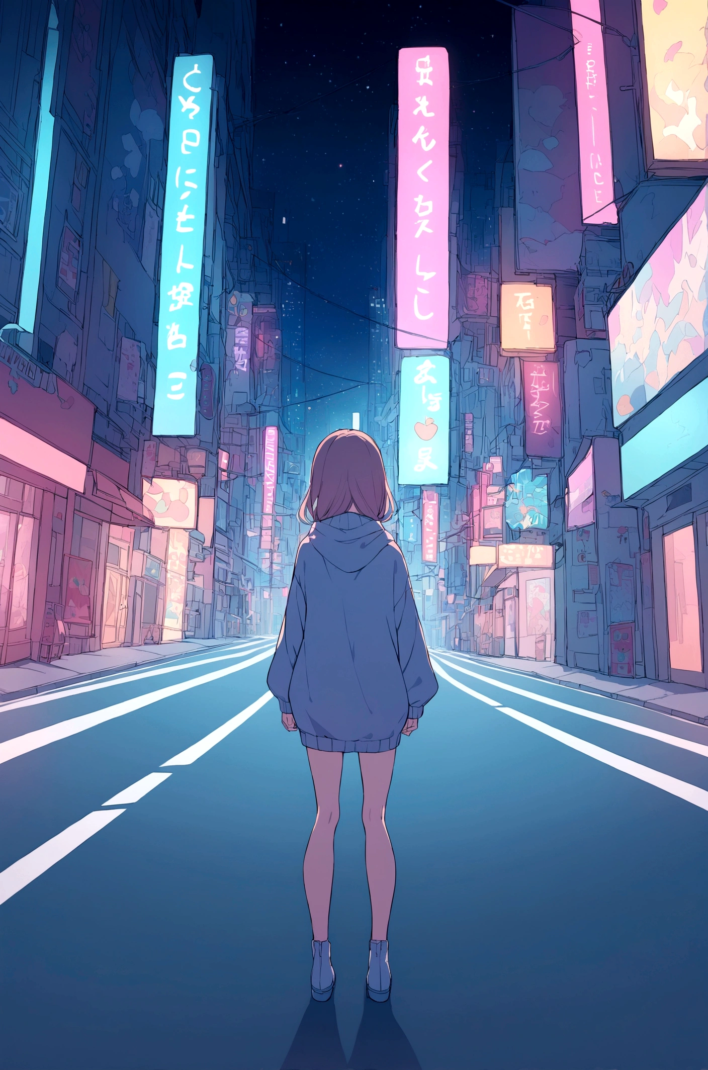 Slim girl standing at the middle of road, neon city, at night