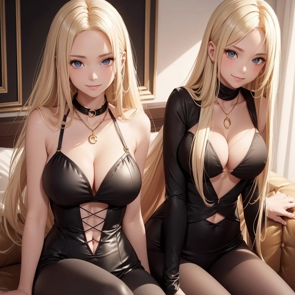 1 girl only, smile, gold necklace with circle pendant ((long blonde hair, between dates.)), low-cut black cropped corselet, ((cleavage is visible.)), medium breasts, thick defined thighs, black low waist leggings , seductive look, sarcastic, shy, blushing, ((light skin))