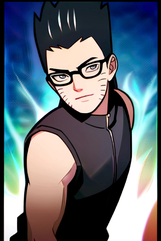 Create an anime-style image inspired by Naruto, featuring a male character with neck-length hair, part of which is tied back. He is wearing glasses and a black tunic. The art style should resemble that of the Naruto series."