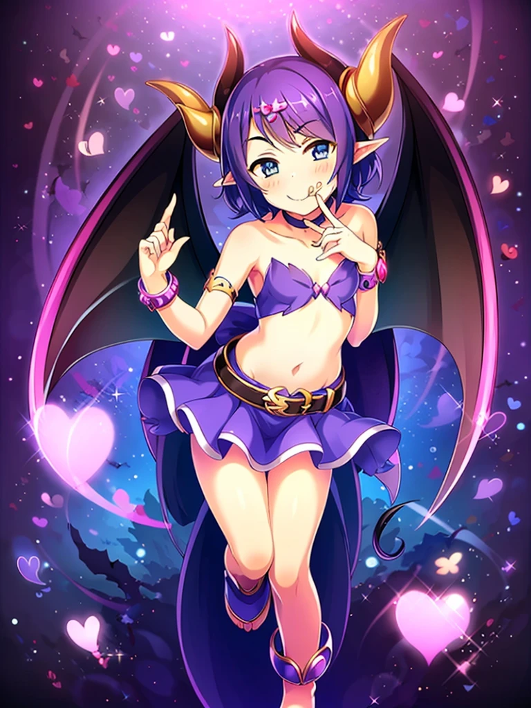 (masterpiece:1.2), (highest quality:1.2), 1girl, solo, horns, tongue, tongue-out, tail, :q, blue-eyes, barefoot, navel, skirt, pointy-ears, purple-hair, demon-girl, blush, short-hair, demon-tai, looking-at-viewer, simple-background, bare-shoulders, smil, demon-wings, full-body, choker, demon-horns, ribbon, naughty-face, collarbone, jewelry, purple-bow, purple-skirt, midriff, finger-to-mouth, hear, bangs, belt, bow, purple-ribbon, see-through, standin, standing-on-one-leg, bat-wings, flat-chest, ((miniskirt)), closed-mouth, leg-up, purple-wings, anklet, tsurim, purple-choker, hand-up