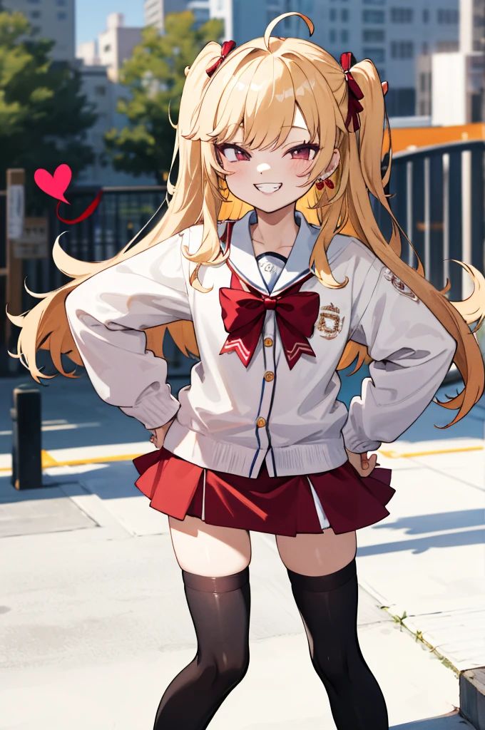 masterpiece, best quality, highres, hmtr, two side up, long hair, ahoge, hair ribbon, red ribbon, earrings, jewelry, red bowtie, white cardigan, long sleeves, red skirt, thighhighs, smile, outdoor, hand on hip,,looking viewer,,spoken heart,6yo,(petite),,thigh,grin,socks