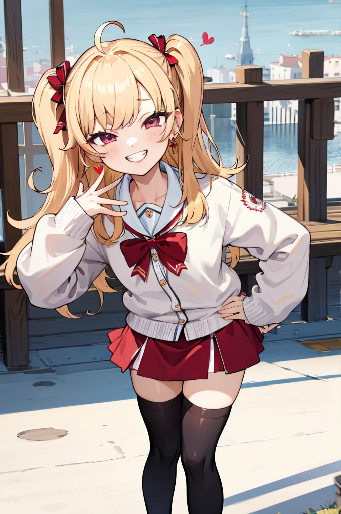 masterpiece, best quality, highres, hmtr, two side up, long hair, ahoge, hair ribbon, red ribbon, earrings, jewelry, red bowtie, white cardigan, long sleeves, red skirt, thighhighs, smile, outdoor, hand on hip,,looking viewer,,spoken heart,,(petite),,thigh,grin,socks