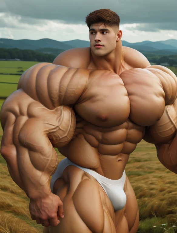 1boy, giant, alone, bodybuilding pose, stand, golden hoir, strong body, bulk, large size, staring, in the Countryside meadows, nude, white triangular underwear, prominent bulge, extraordinary big, brutalmass, giant, muscular body, bulk, buff, massive body, large meaty body size, extremely wide body, backview