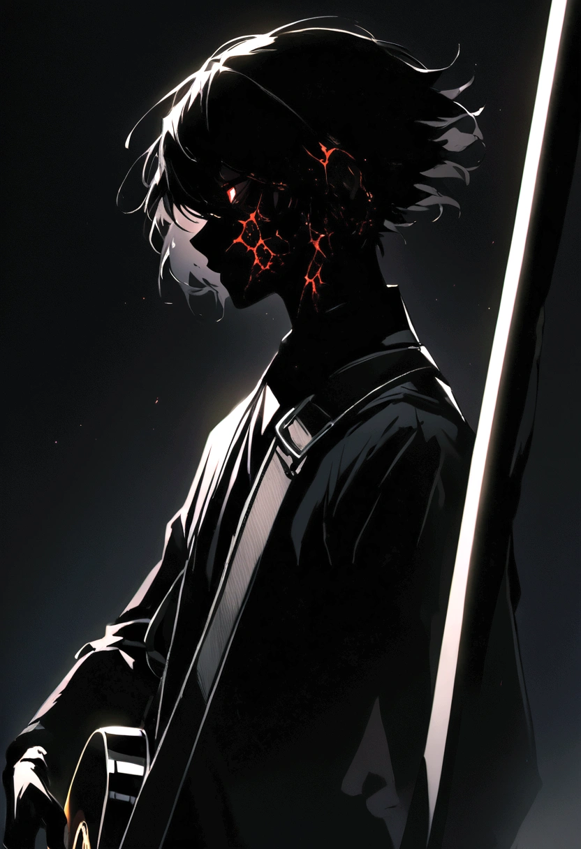 boy a shadow on the face of long black hair in black clothes with a guitar on a dark background