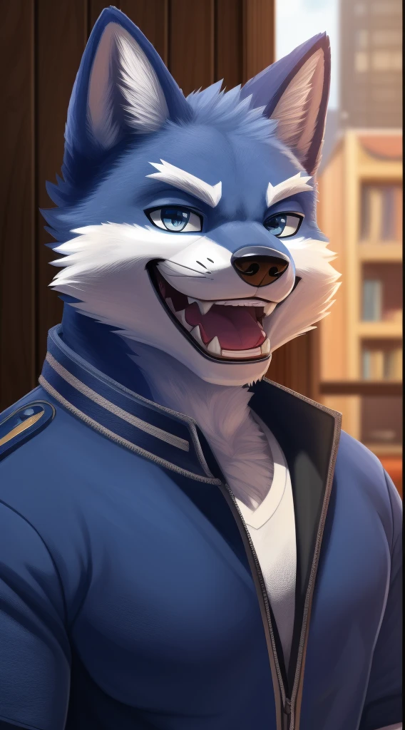There is a cartoon cat wearing a blue jacket and a white shirt, Furry character portrait, sly smile, male anthropomorphic wolf, cute weasel fursona portrait, Commission for High Res, den wolf face, furry pov art, Portrait of a fox den, furry character, den portrait, sly expression, smug smile, a den wolf