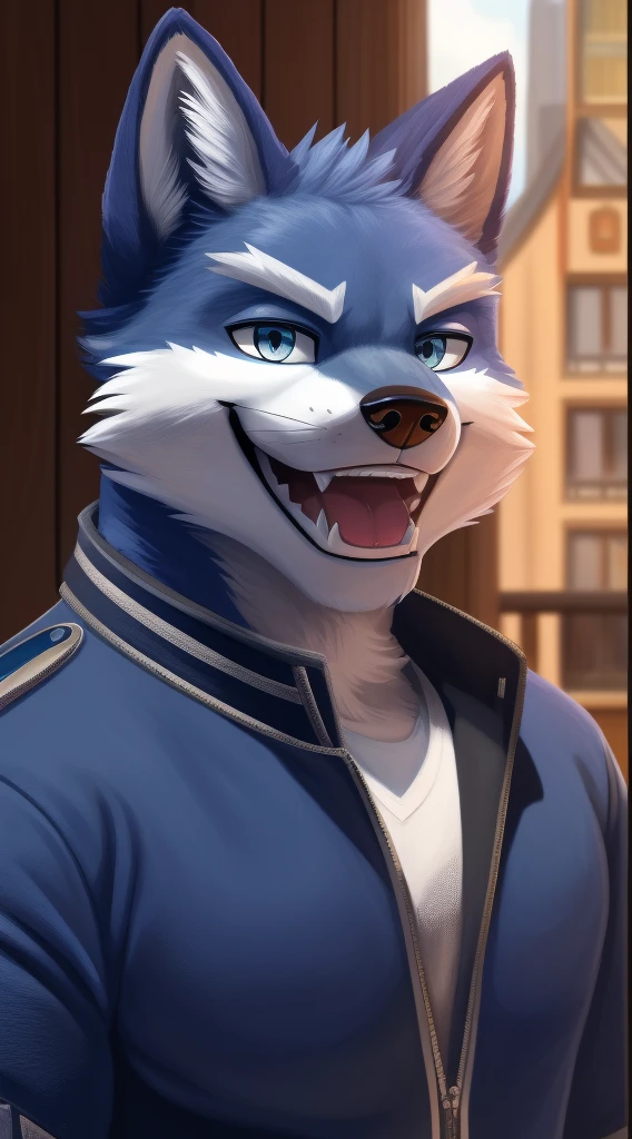 There is a cartoon cat wearing a blue jacket and a white shirt, Furry character portrait, sly smile, male anthropomorphic wolf, cute weasel fursona portrait, Commission for High Res, den wolf face, furry pov art, Portrait of a fox den, furry character, den portrait, sly expression, smug smile, a den wolf
