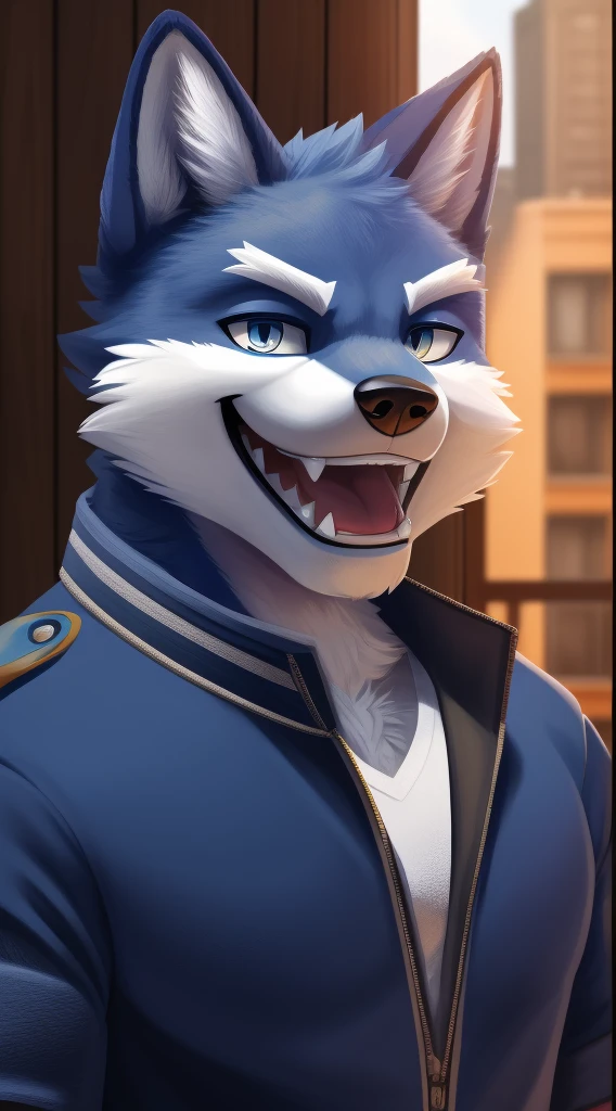 There is a cartoon cat wearing a blue jacket and a white shirt, Furry character portrait, sly smile, male anthropomorphic wolf, cute weasel fursona portrait, Commission for High Res, den wolf face, furry pov art, Portrait of a fox den, furry character, den portrait, sly expression, smug smile, a den wolf