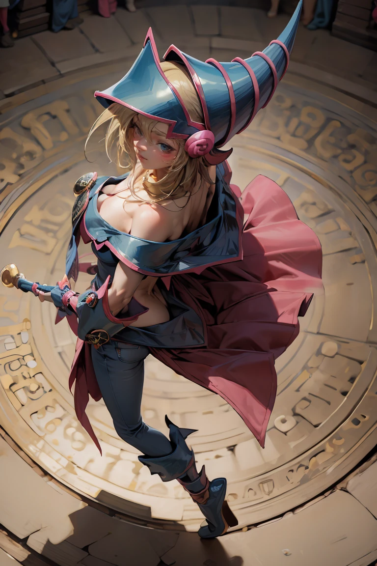 (Masterpiece:1.2), (The best quality:1.2), perfect lighting, Dark Magician Girl casting a spell, in battle. floating in the air, big and visible tits, wear jeans and heels. transparent neckline, blue robe, big hat, From above, sparkles, Yugioh game, The magic of the heart, romantic heart.