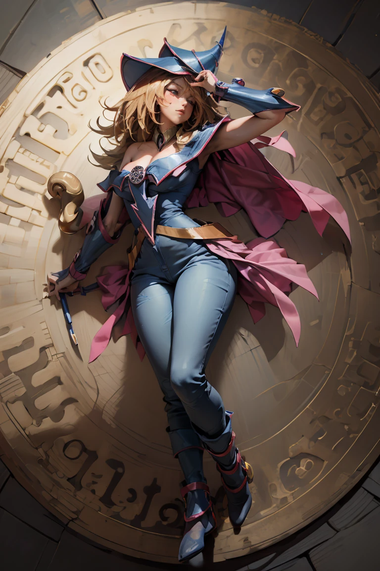 (Masterpiece:1.2), (The best quality:1.2), perfect lighting, Dark Magician Girl casting a spell, in battle. floating in the air, big and visible tits, wear jeans and heels. transparent neckline, blue robe, big hat, From above, sparkles, Yugioh game, The magic of the heart, romantic heart.