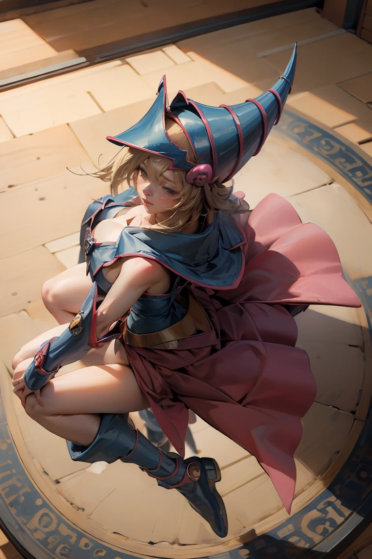 (Masterpiece:1.2), (The best quality:1.2), perfect lighting, Dark Magician Girl casting a spell, in battle. floating in the air, big and visible tits, wear jeans and heels. transparent neckline, blue robe, big hat, From above, sparkles, Yugioh game, The magic of the heart, romantic heart.