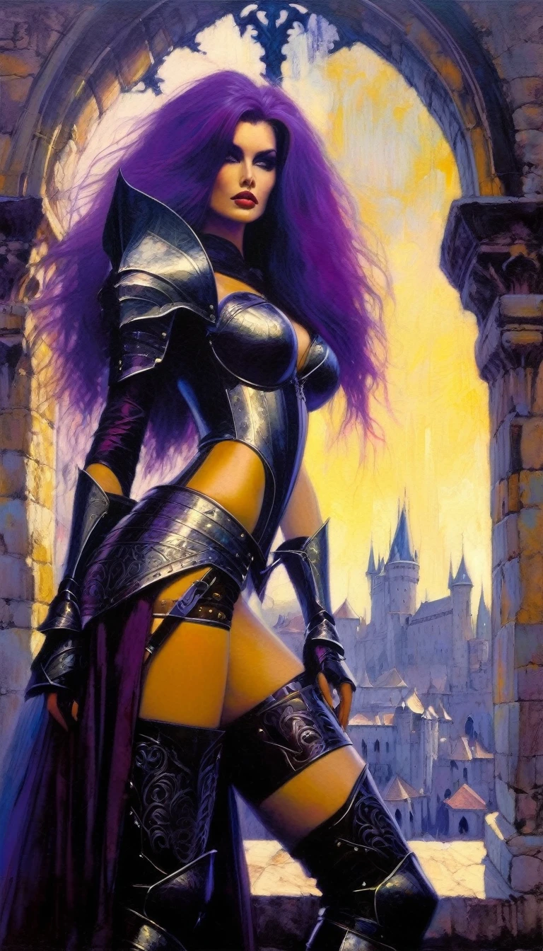 sexy girl Gothic warrior with highly detailed large armor, long purple hair, on a castle terrace from which you can see the views of an impressive medieval city (art inspired by Bill Sienkiewicz). oil painting)