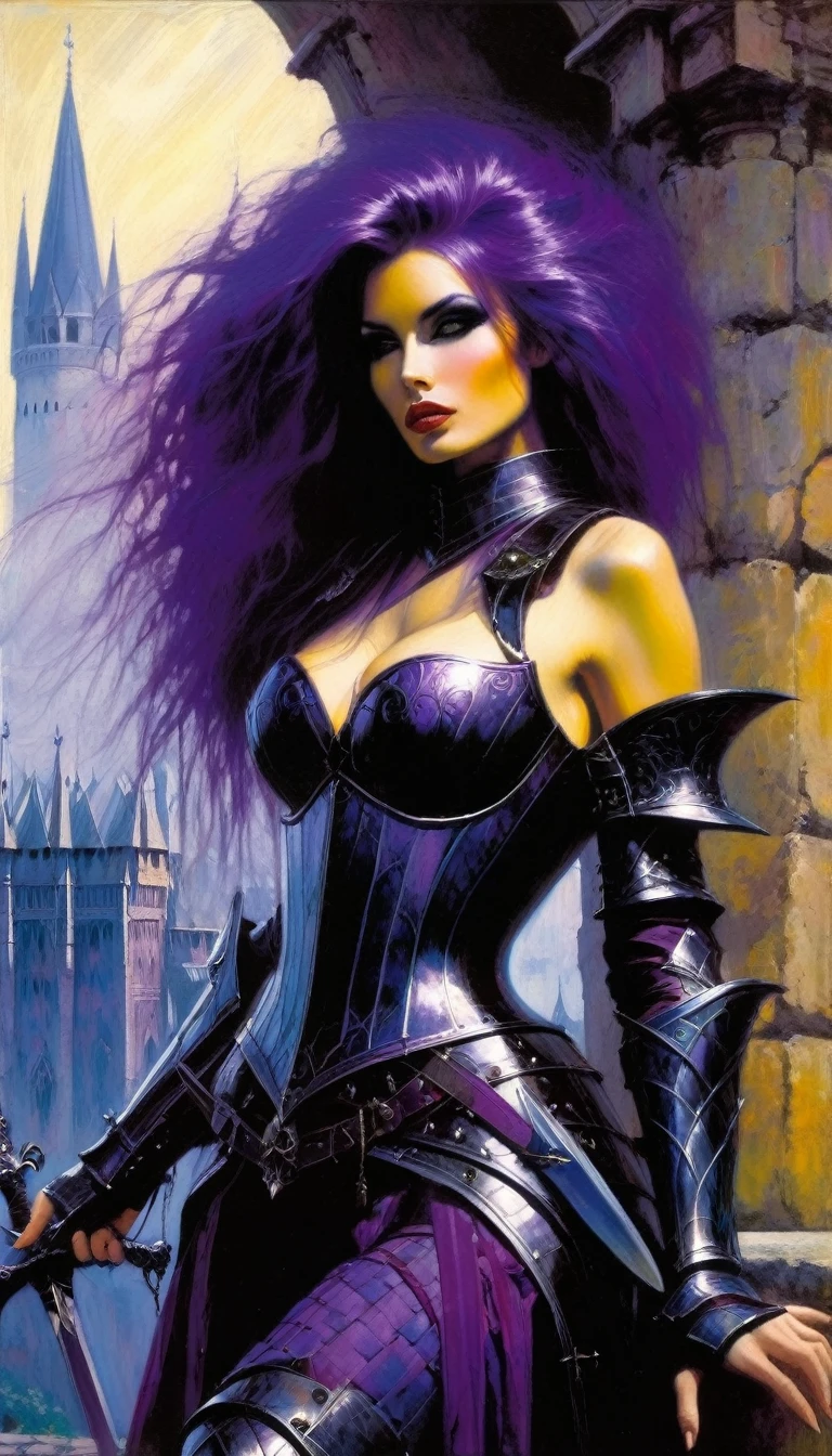 sexy girl Gothic warrior with highly detailed large armor, long purple hair, on a castle terrace from which you can see the views of an impressive medieval city (art inspired by Bill Sienkiewicz). oil painting)
