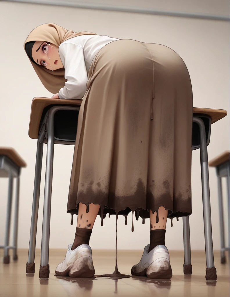 Ultra-realistic, 4k, 1girl, , cute face, pretty face, cute eyes, brown iris, skinny body, fat ass, beige hijab, long beige skirt, tight long sleeve white shirt, white sneakers, crying, both hands on ass, very sweaty, in dirty classroom, near the desk, dirty skirt, dirty chair, dirty clothes, sweaty clothes, (((make the whole image filthy and dirty))), (((mud dripping from long skirt))), stinky atmosphere, filthy atmosphere, mud on long skirt, disgusting long skirt,