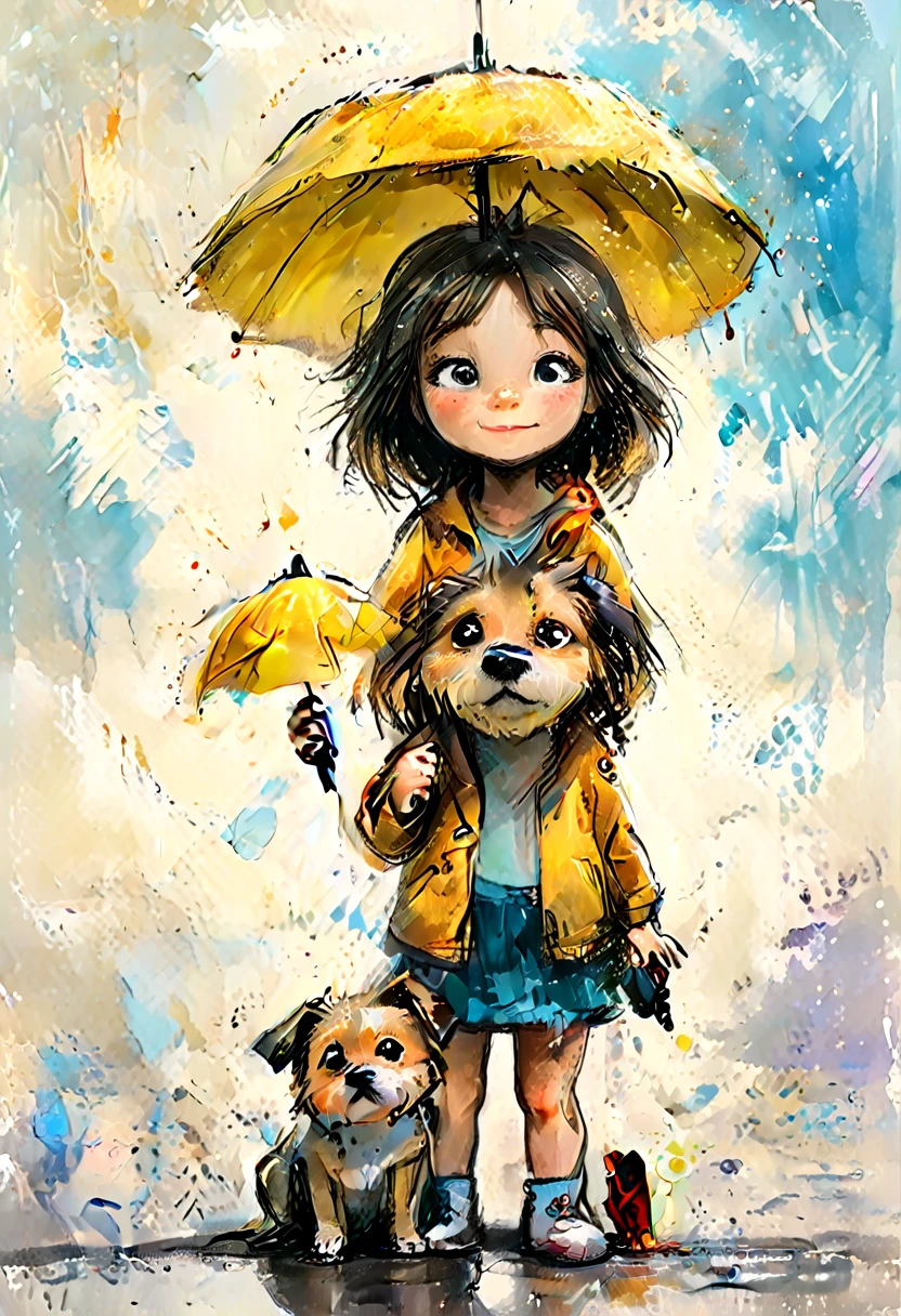 striking colorful painting of a cute drawing of a little girl with a puppy, the holds a yellow umbrella, highy detailed, 8K, Spitz, proffesional, clearing, hight contrast, crystal clearing