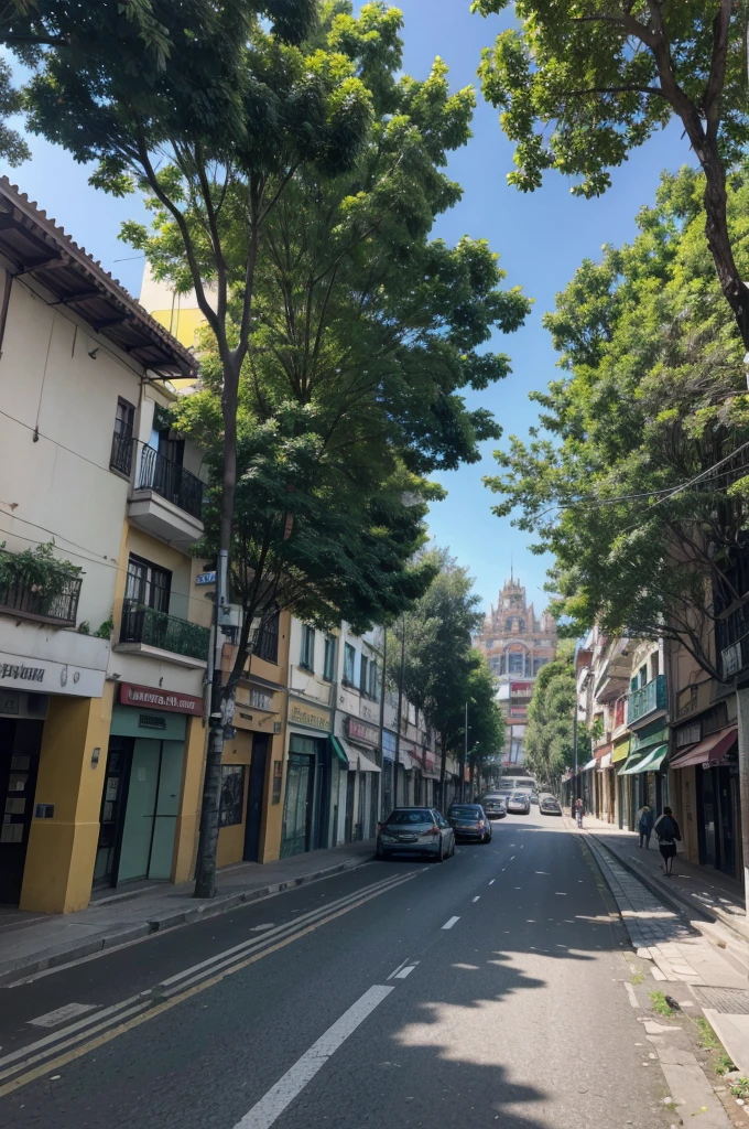 higher quality, urban corridor in city with forested vegetation next to the main street, with people walking and few cars nearby in the afternoon in a city of Puebla, mexico 