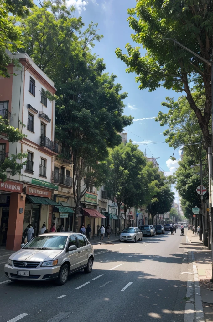 higher quality, urban corridor in city with forested vegetation next to the main street, with people walking and few cars nearby in the afternoon in a city of Puebla, mexico 