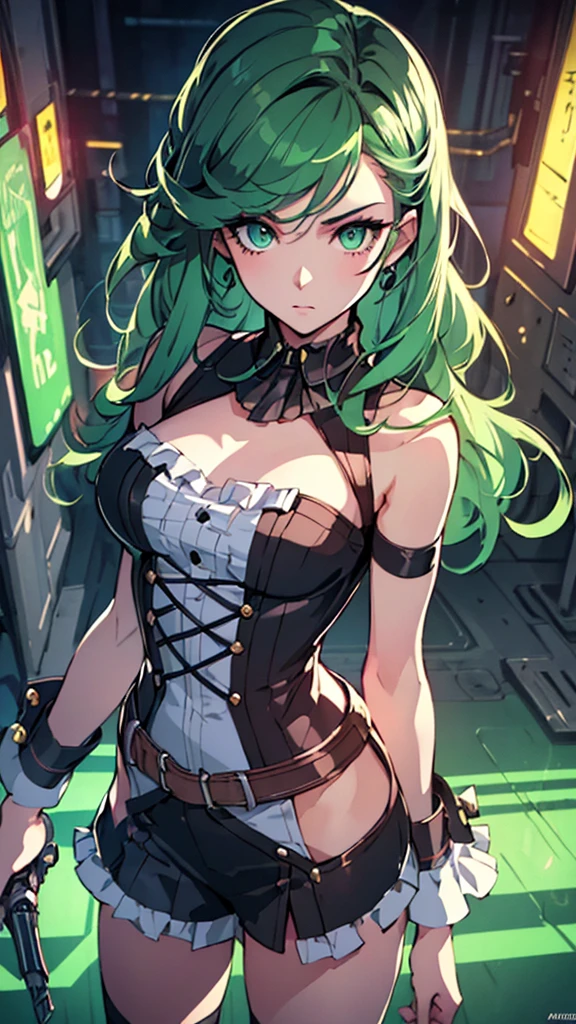 masterpiece, highest quality, (solo focus), (perfect face:1.1), (full body), (high detail:1.1), (hyper detailed eyes), dramatic, a woman with paleskin and long dark green hair, bright green eyes, solo, arrogant expression, neon cybernetic outfit, white background, art by artgerm, cinematic lighting, fashion, BalenciagaStyle