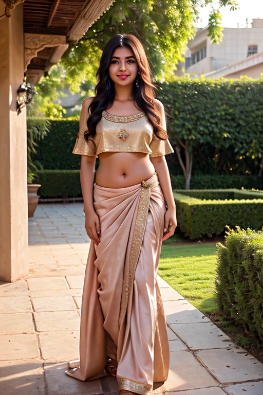 Create a realistic image of a 22-year-old indian delhi girl with moderately dark skin and fair complexion good height. She is dressed in elegant, traditional western attire, such that is both cute and subtly sexy to attract a male audience. She has expressive, almond-shaped eyes, a radiant smile, and long, silky hair styled beautifully. The background is a softly lit, outdoor setting with elements like a decorated garden or traditional wester decor to enhance the authenticity of the scene.
