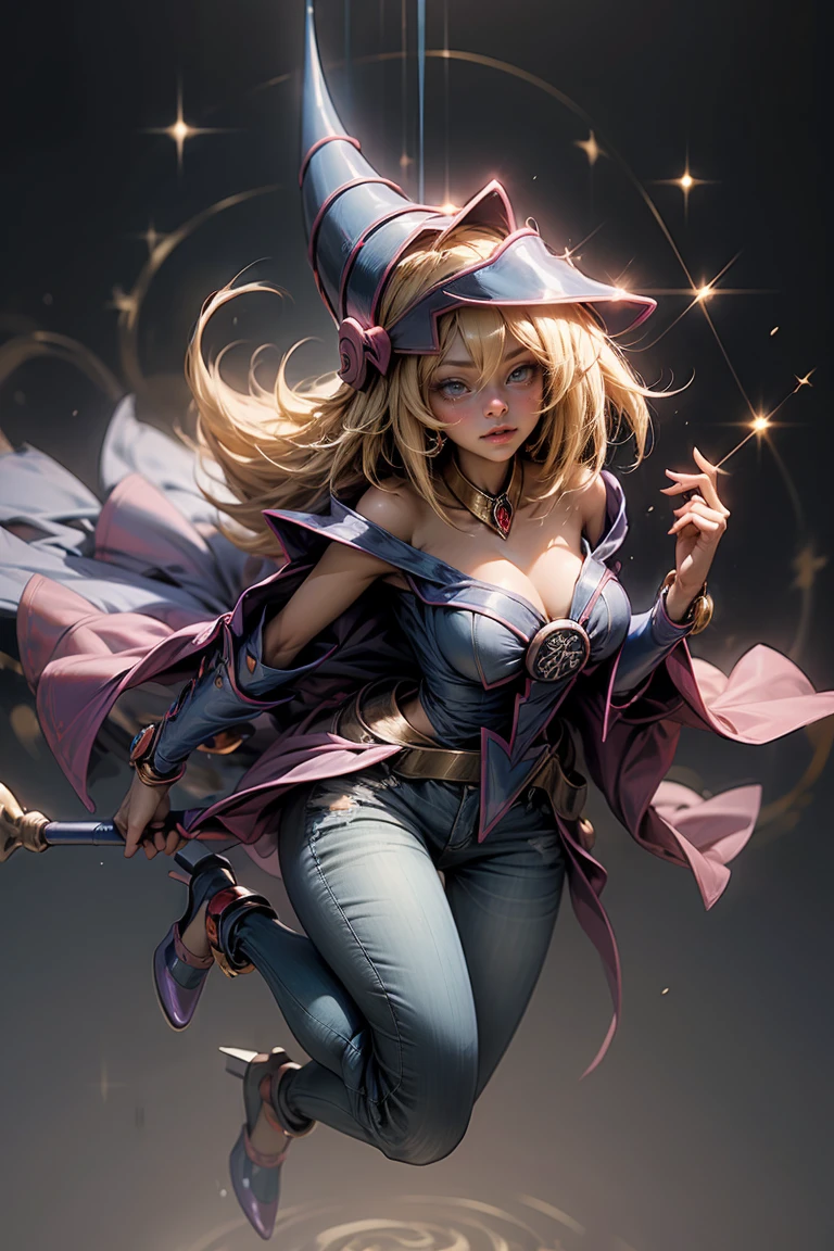 (Masterpiece:1.2), (The best quality:1.2), perfect lighting, Dark Magician Girl casting a spell, in battle. floating in the air, big and visible tits, wear jeans and heels. transparent neckline, blue robe, big hat, From above, sparkles, Yugioh game, The magic of the heart, romantic heart.