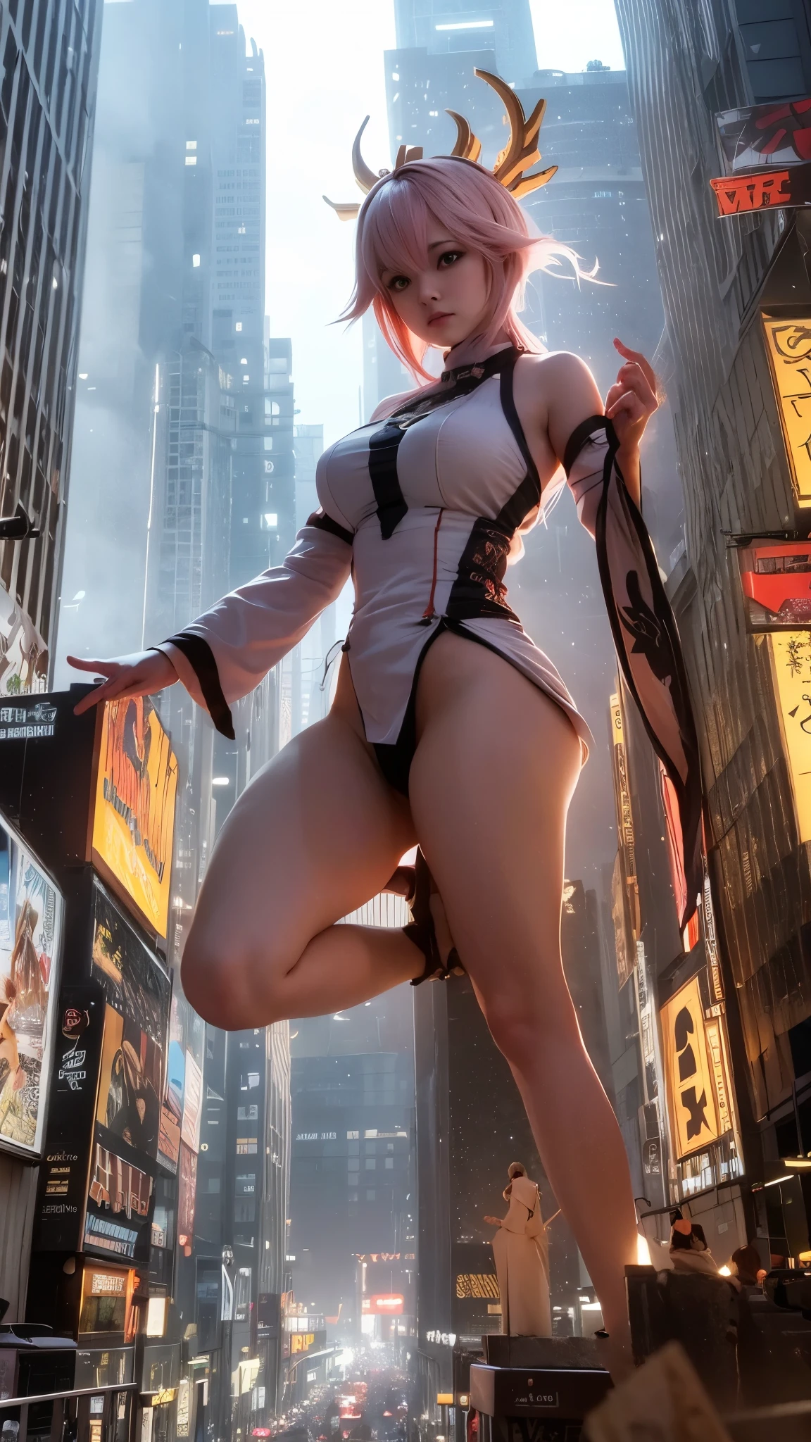 The giant girl wields a and destroys the city,Girl sitting on a building,A giant woman in a lying on top of a cyberpunk city, Wear short skirts,Little guys running around the giant girl,The little person panicked and ran away,Many cars pass by, Standing on her hand, cgsociety 9, 2. 5 d cgi fantasy art, engine rendering unreal + a goddess, full body cgsociety, artgerm ; Hyper realistic 3d content, giant art, super detailed 3d matte paintings, super detailed 3d matte paintings, realistic fantasy art, realistic 3 d anime style. Beautiful girl. Big thighs."The boy stood on the top of a high-rise building waving to the girl". Color ultra 4k.The little person panicked and ran away.Giant attack.