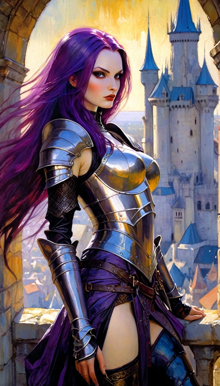 sexy girl Gothic warrior with highly detailed large armor, long purple hair, on a castle terrace from which you can see the views of an impressive medieval city (art inspired by Bill Sienkiewicz). oil painting)
