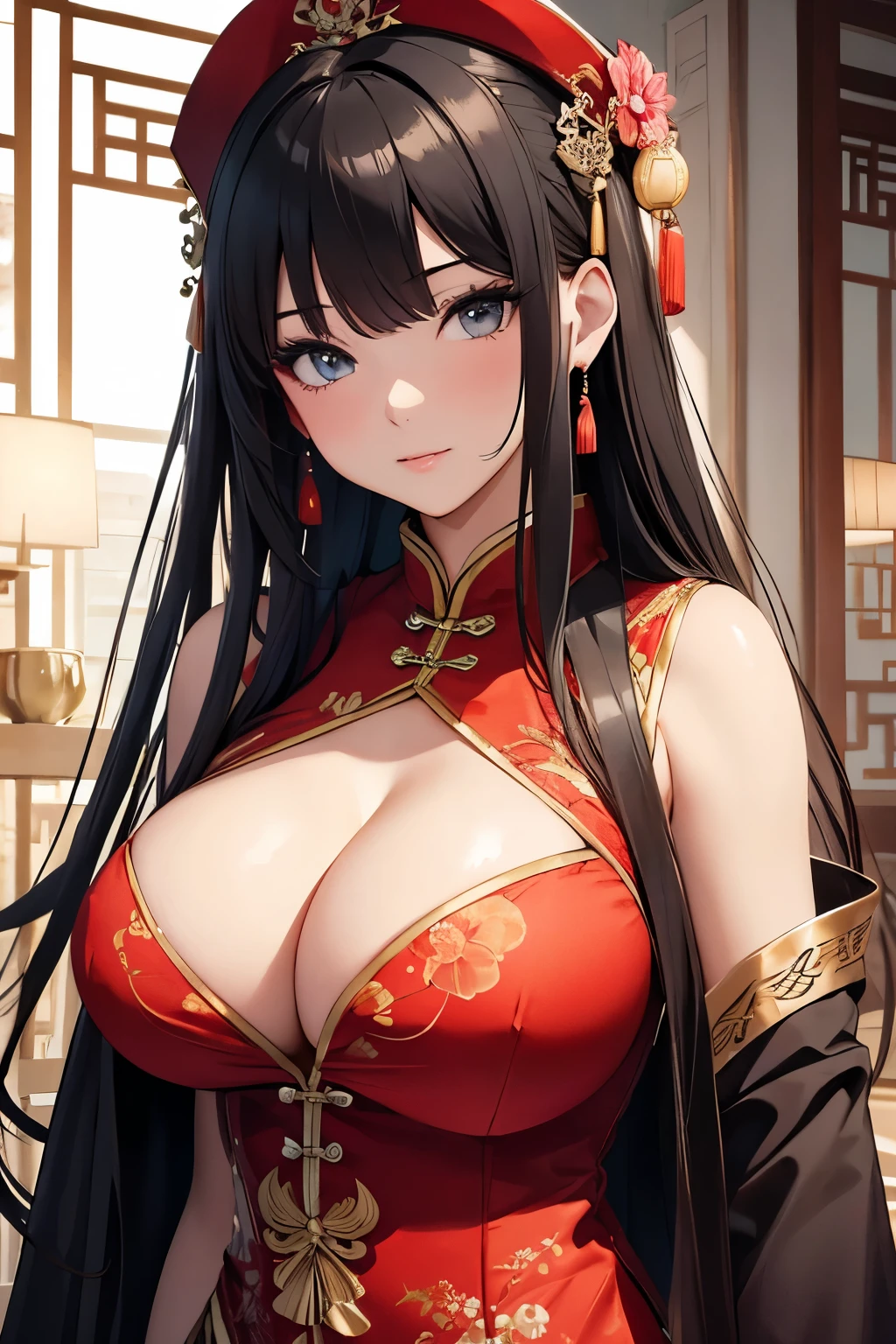 Masterpiece, Best Quality, Beautiful Girl, Chinese Dress, Big Breasts, Cleavage, Sexy,