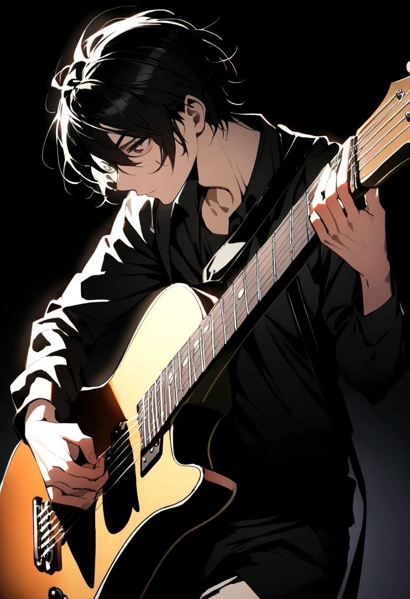 boy a shadow on the face of long black hair in black clothes with a guitar on a dark background 