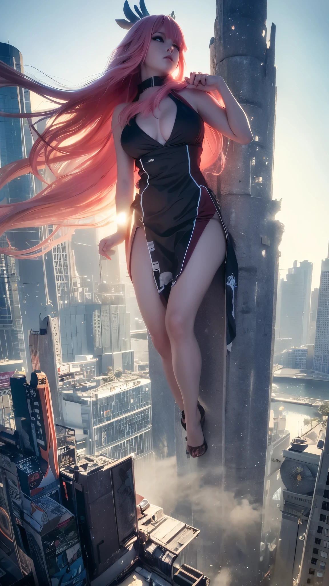 The giant girl wields a and destroys the city,Girl sitting on a building,A giant woman in a lying on top of a cyberpunk city, Wear short skirts,Little guys running around the giant girl,The little person panicked and ran away,Many cars pass by, Standing on her hand, cgsociety 9, 2. 5 d cgi fantasy art, engine rendering unreal + a goddess, full body cgsociety, artgerm ; Hyper realistic 3d content, giant art, super detailed 3d matte paintings, super detailed 3d matte paintings, realistic fantasy art, realistic 3 d anime style. Beautiful girl. Big thighs."The boy stood on the top of a high-rise building waving to the girl". Color ultra 4k.The little person panicked and ran away.Giant attack.