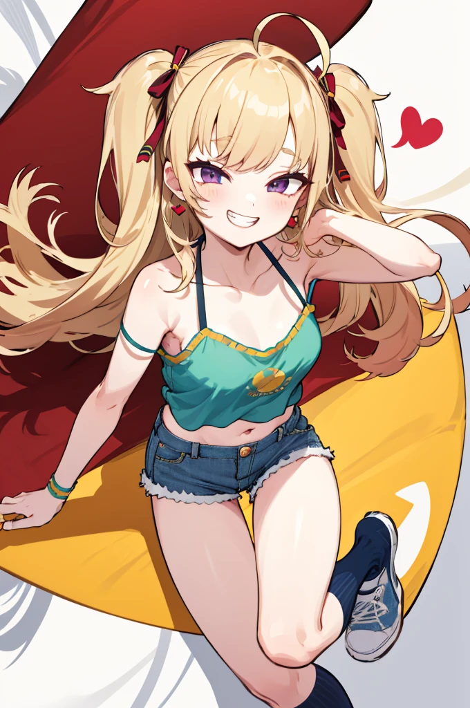 masterpiece, best quality, highres, hmtr, two side up, long hair, ahoge, hair ribbon, red ribbon, earrings, jewelry, camisole,navel,denim shorts,looking viewer,,spoken heart,,(petite),,thigh,grin,socks