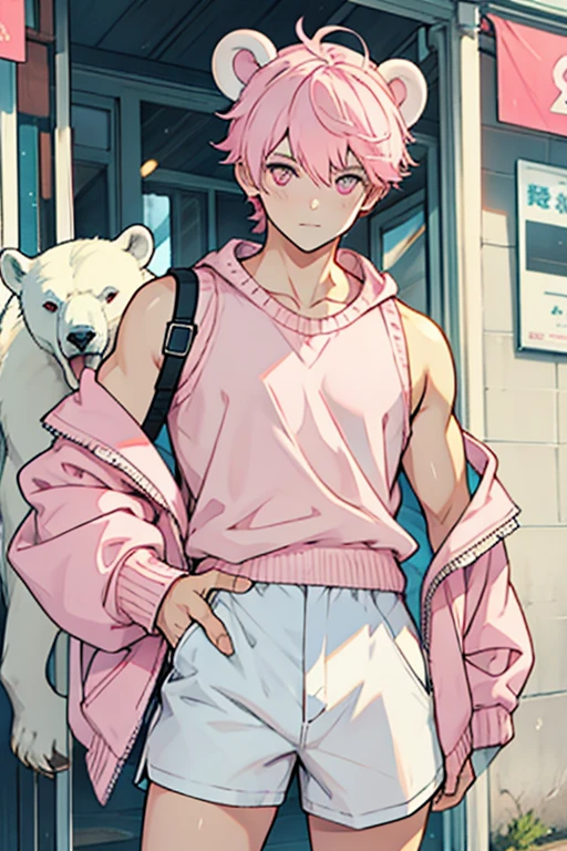 Young man white short hair with polar bear ears pink eyes pink sleeveless shirt pink waist sweater white shorts in love