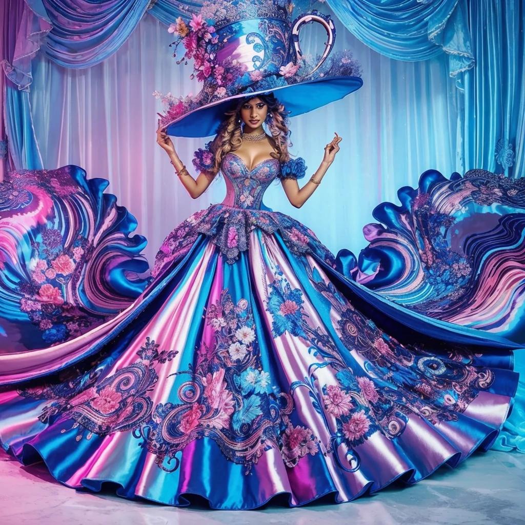 A stunning (((indian woman))) dazzles in a grand, high-fashion Wonderland dress—silky, flowy, and vibrant in blue, pink, and purple. Psychedelic swirls and embroidered appliqués create an intricate, surreal Alice in Wonderland vibe. Topped with a giant teacup hat and set against an ethereal Wonderland backdrop, this ensemble is an insanely breathtaking vision of cohesive, conceptual high fashion.