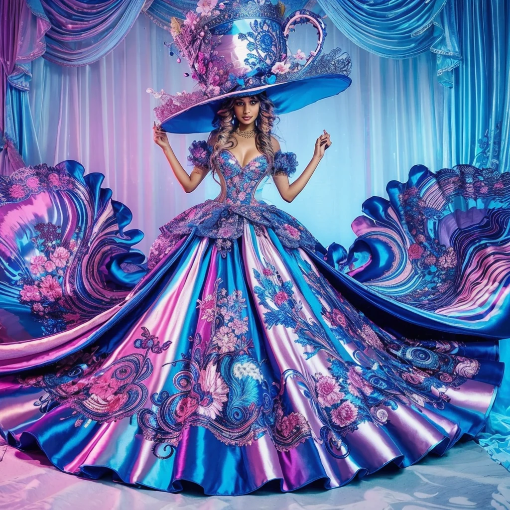 A stunning (((indian woman))) dazzles in a grand, high-fashion Wonderland dress—silky, flowy, and vibrant in blue, pink, and purple. Psychedelic swirls and embroidered appliqués create an intricate, surreal Alice in Wonderland vibe. Topped with a giant teacup hat and set against an ethereal Wonderland backdrop, this ensemble is an insanely breathtaking vision of cohesive, conceptual high fashion.