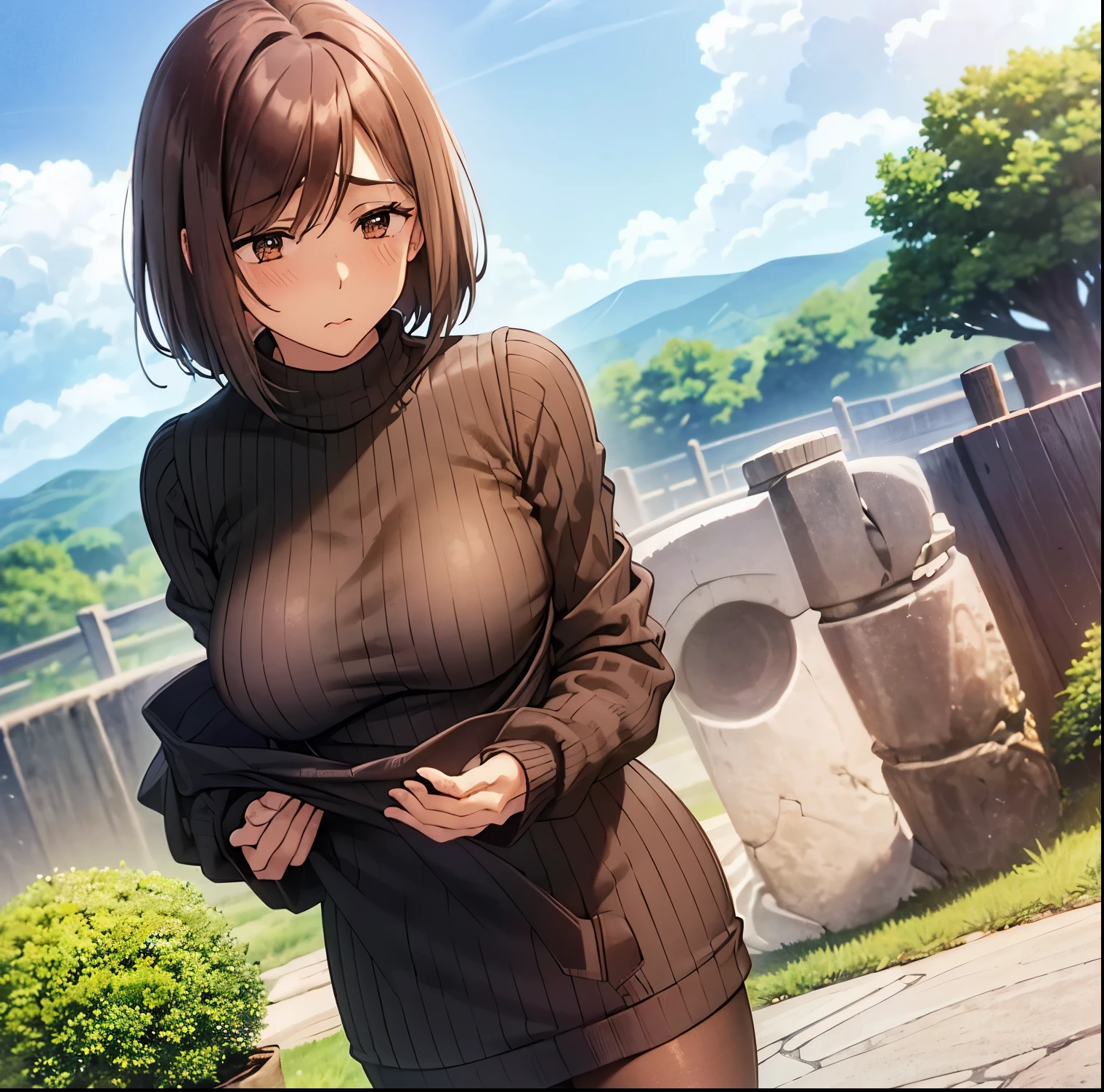 (1girl),(alone),the word is this,Masterpiece,best quality,high resolution,Ultra detailed,Brown eyes,(mole under eye: 0.8),short hair,Brown hair,swept bangs,dynamic pose, curvy body,Jean Shot,Detailed bottom,detailed eyes,(ribbed sweater:1.3),(black sweater dress:1.4),(bare arms:1.3),(bare legs:1.4) ,Black loafers,(lifting sweater dress: 1.4),(Pants over pantyhose:1.2),(blush:1.2),(embarrassment:1.4),((solo))Standing,outdoor ((outdoors,garden,Japanese farm,sunny,Clouds) ,Lace panties, Looking forward,( (focus on breasts)),pov(from the middle)perfect anatomy, perfect hands,