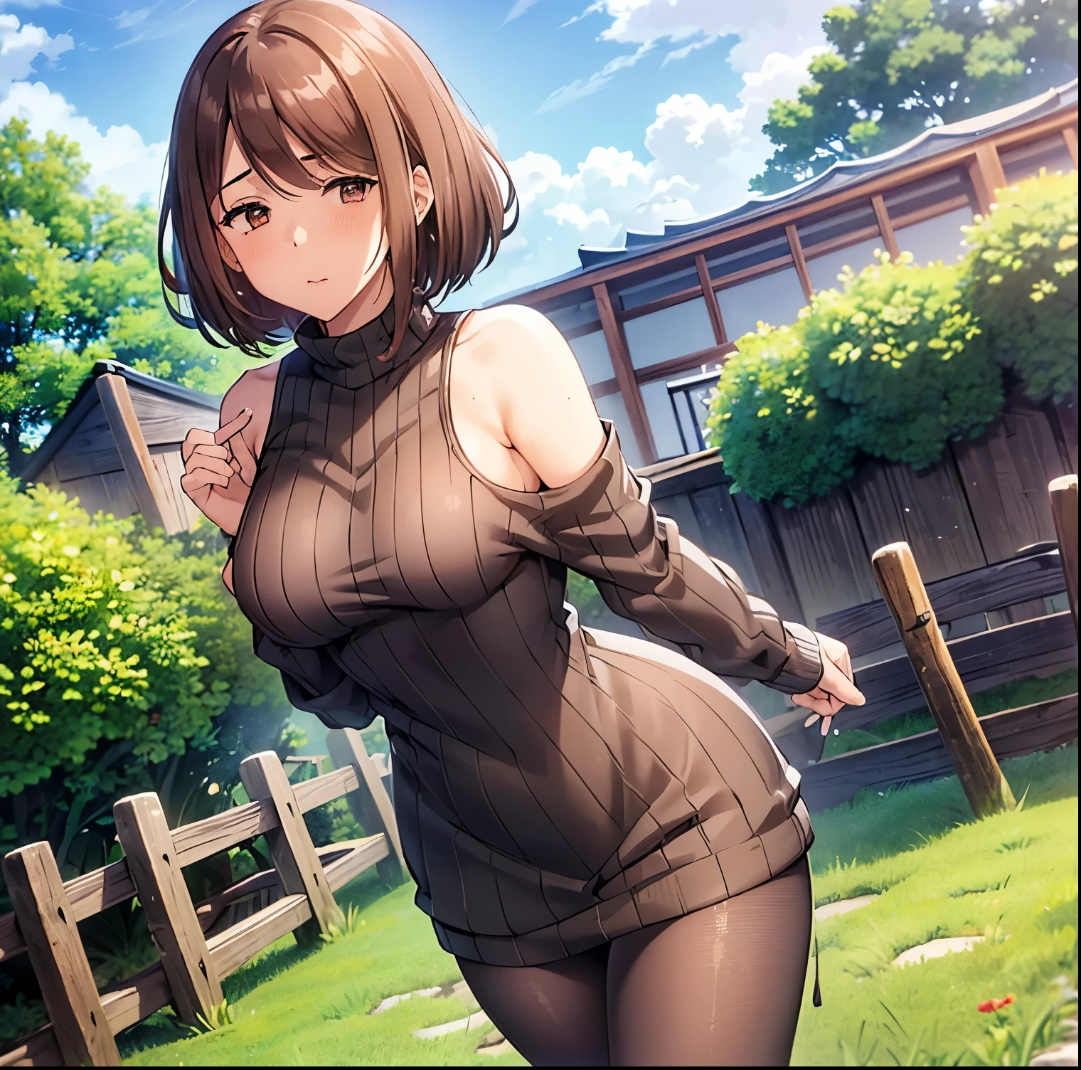 (1girl),(alone),the word is this,Masterpiece,best quality,high resolution,Ultra detailed,Brown eyes,(mole under eye: 0.8),short hair,Brown hair,swept bangs,dynamic pose, curvy body,Jean Shot,Detailed bottom,detailed eyes,(ribbed sweater:1.3),(black sweater dress:1.4),(bare arms:1.3),(bare legs:1.4) ,Black loafers,(lifting sweater dress: 1.4),(Pants over pantyhose:1.2),(blush:1.2),(embarrassment:1.4),((solo))Standing,outdoor ((outdoors,garden,Japanese farm,sunny,Clouds) ,Lace panties, Looking forward,( (focus on breasts)),pov(from the middle)perfect anatomy, perfect hands,