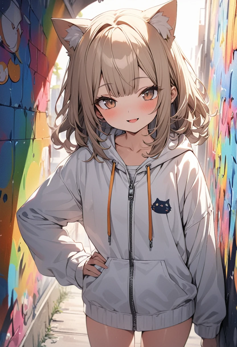 ((Masterpiece)), ((best quality)), (Anime:1.3), (super detail:1.2),(High Definition:1.3), (Professional Photography:1.2), (wide shot), (sharp focus), (perfect light), ((12 years old)), cowboy shot, (morning), messy medium hair, Beautiful collarbone, (cute hoodie with zipper), white tanktop, (Healthy slim body), (loose blunt bangs), Slender body, (place hand on hip), glossy skin, (nauthy smile), open mouth, ((Beautiful brown eyes)), Textured skin, (Cat ears), Pale brown hair, Cute Beautiful Girl, (slightly exposed small chest), BREAK, ((best quality)), ((against the rainbow-colored graffiti wall))), (sharp focus), perfect hands, (perfect light),