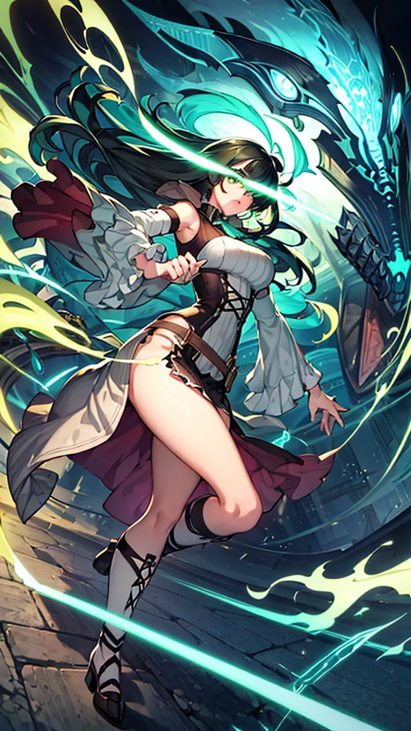 masterpiece, highest quality, (solo focus), (perfect face:1.1), (full body), (high detail:1.1), (hyper detailed eyes), dramatic, a woman with paleskin and long dark green hair, bright green eyes, solo, arrogant expression, neon cybernetic outfit, white background, art by artgerm, cinematic lighting, fashion, BalenciagaStyle