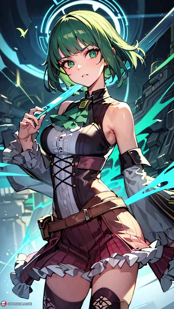 masterpiece, highest quality, (solo focus), (perfect face:1.1), (full body), (high detail:1.1), (hyper detailed eyes), dramatic, a woman with paleskin and long dark green hair, bright green eyes, solo, arrogant expression, neon cybernetic outfit, white background, art by artgerm, cinematic lighting, fashion, BalenciagaStyle